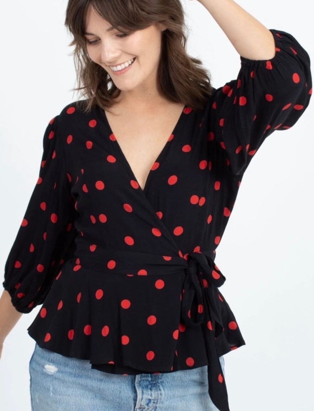 Ganni Barra Crepe Wrap Top in Black & Red Polka Dot Print Size EU 36 US Small 4